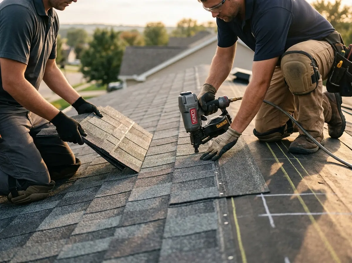 Professional roofer working on a residential roof in Pine